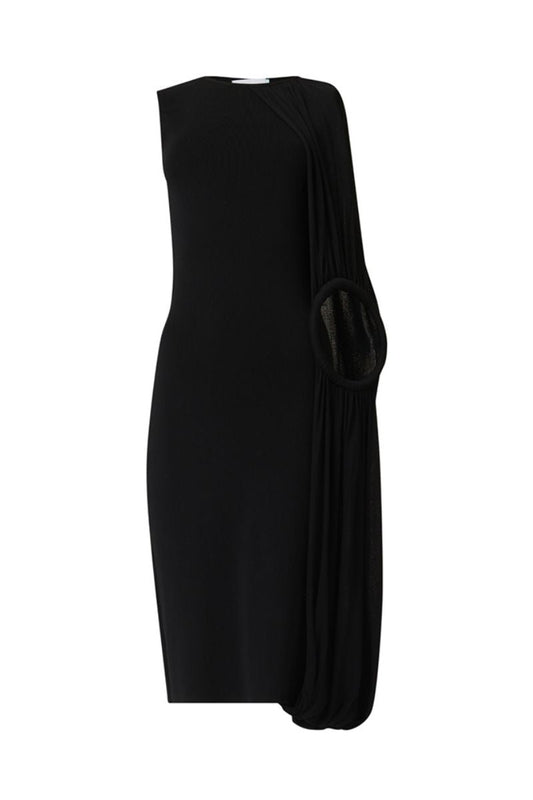 ASYMMETRIC SHOULDER HOOP KNIT DRESS IN BLACK