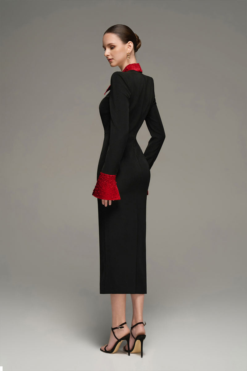 V-NECK FLARED CUFF KNEE LENGTH DRESS IN BLACK AND RED