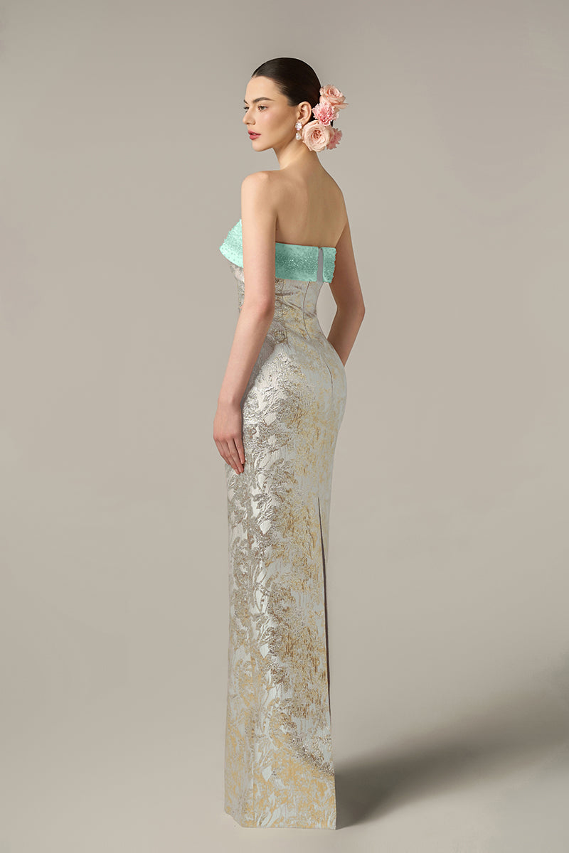 METALLIC JACQUARD AND SILK TAFFETA DRESS IN GREEN