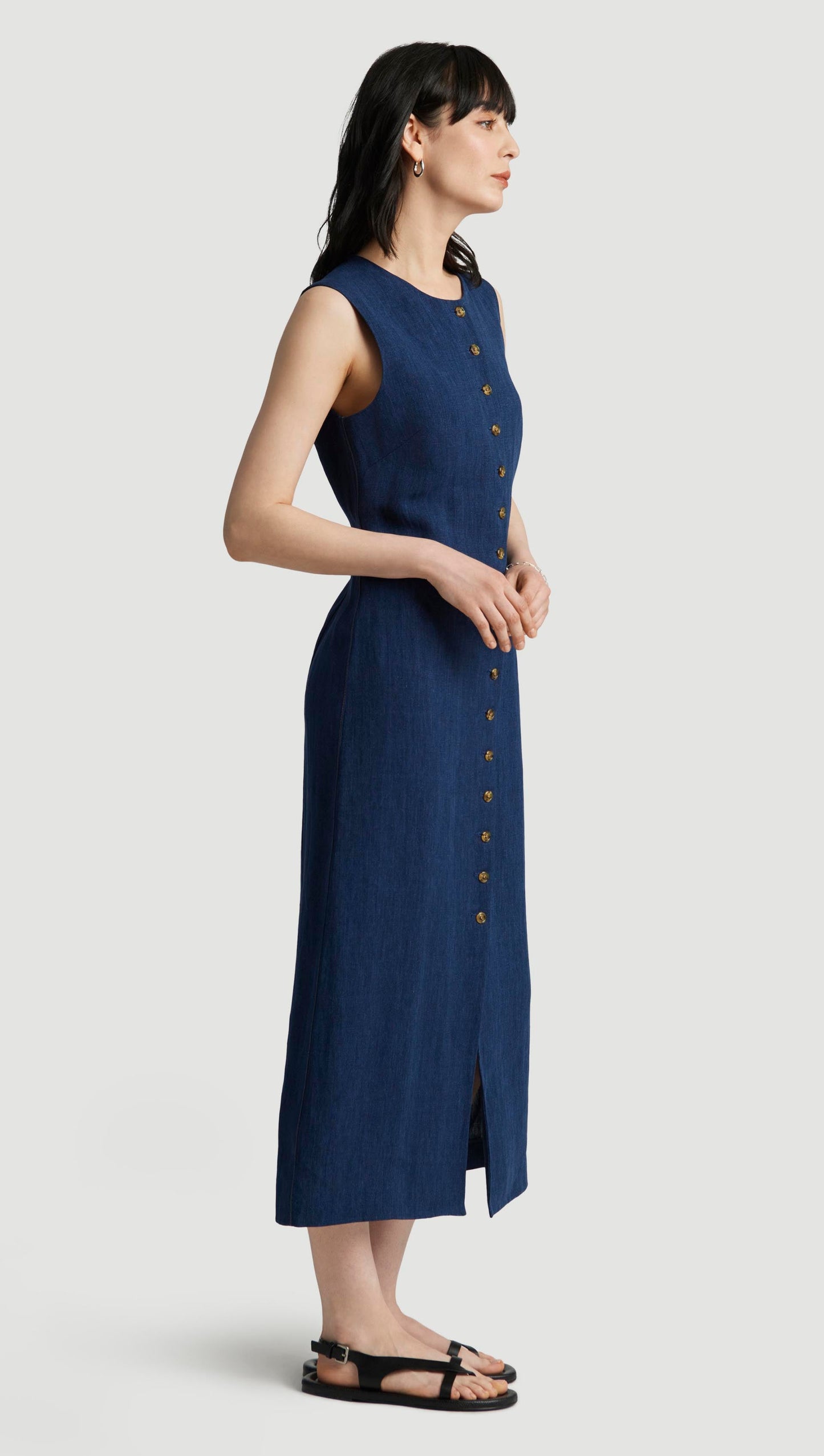 Button Dress in Linen | Denim