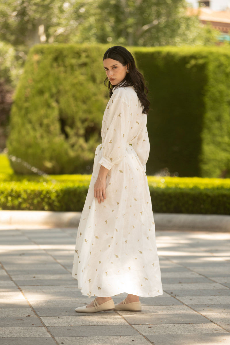 CAMELLIA AND LILIES SHIRT DRESS IN IVORY GOLD