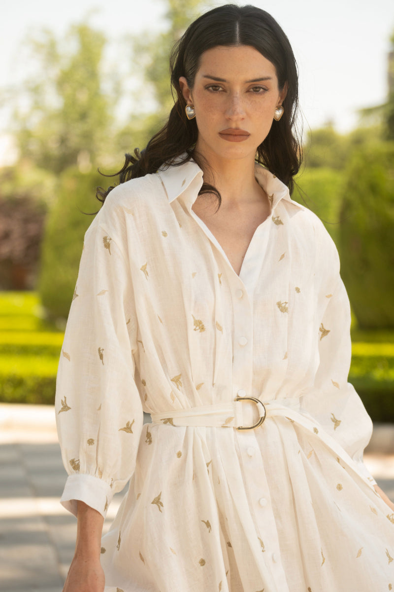 CAMELLIA AND LILIES SHIRT DRESS IN IVORY GOLD