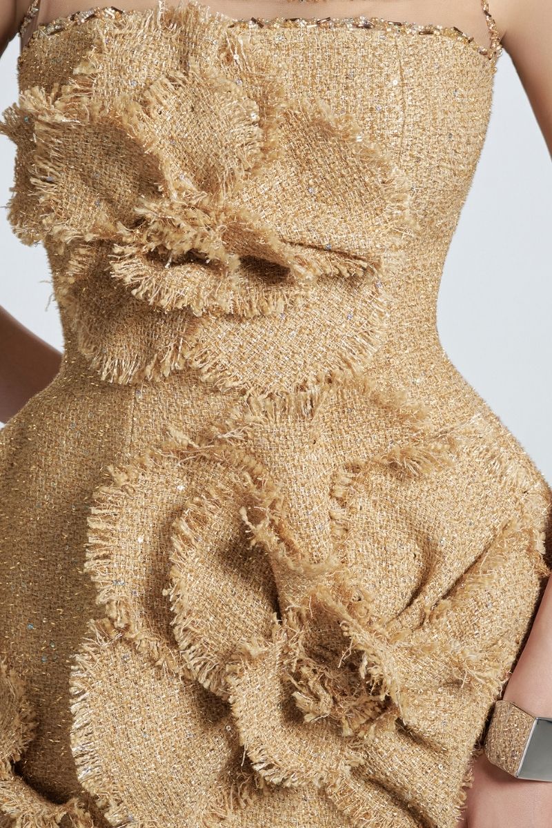 FLORAL TWEED MINI DRESS IN BEIGE