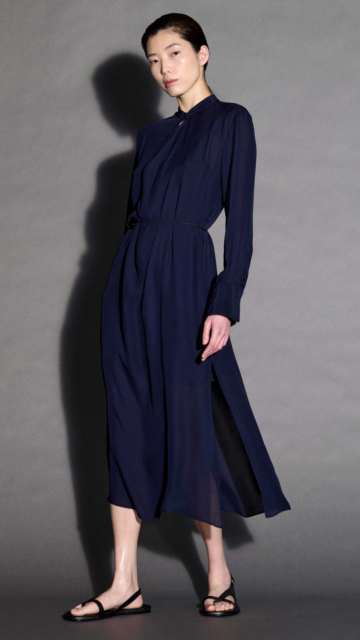 Longsleeve Cowl Neck Dress in Silk | Midnight