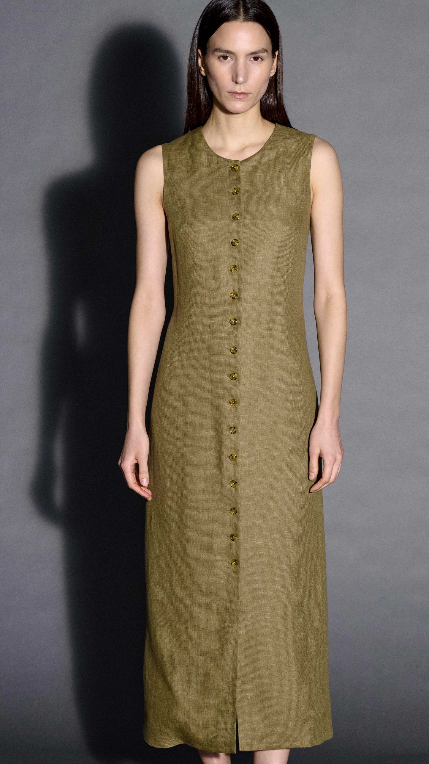 Button Dress in Basket Weave Linen | Fern