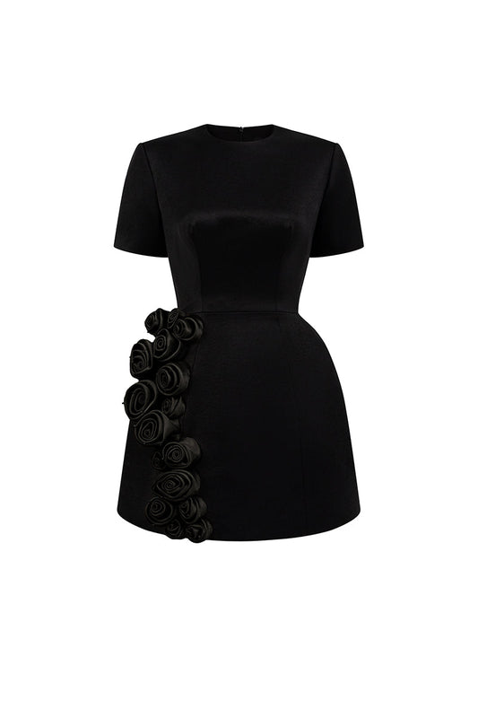 EMBROIDERED SHORT SLEEVE MINI DRESS IN BLACK