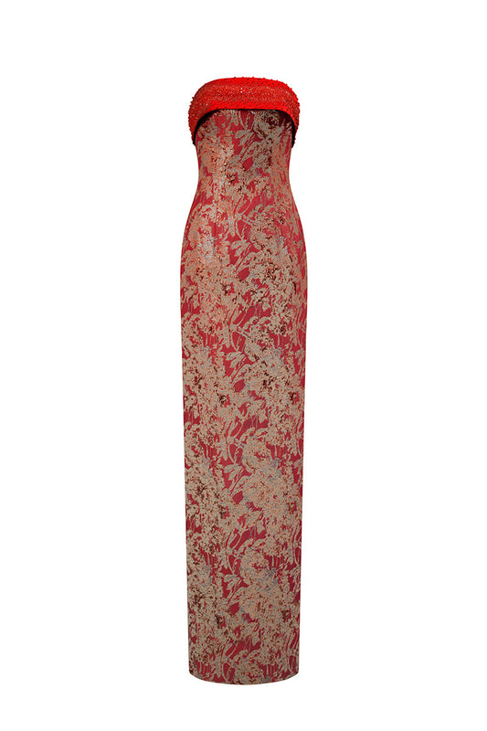 METALLIC JACQUARD AND SILK TAFFETA DRESS IN RED