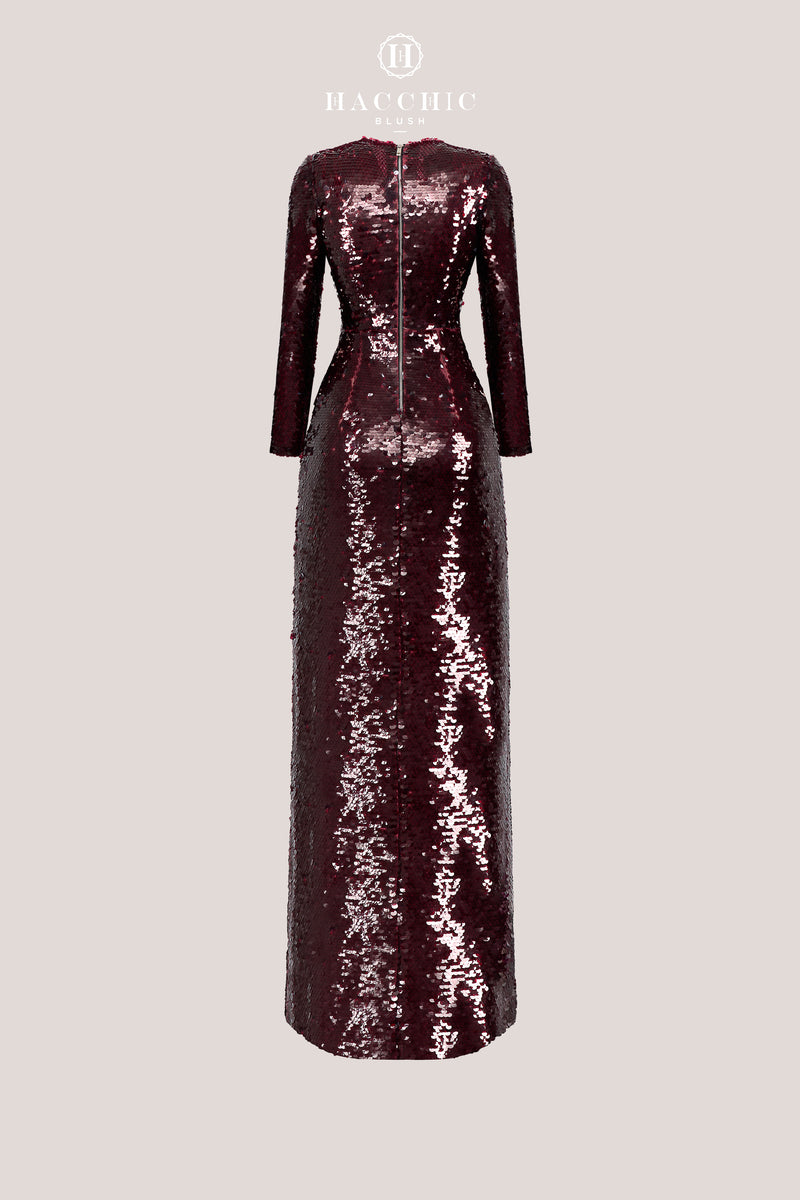 LONG SLEEVE SEQUIN FLOWER LONG DRESS