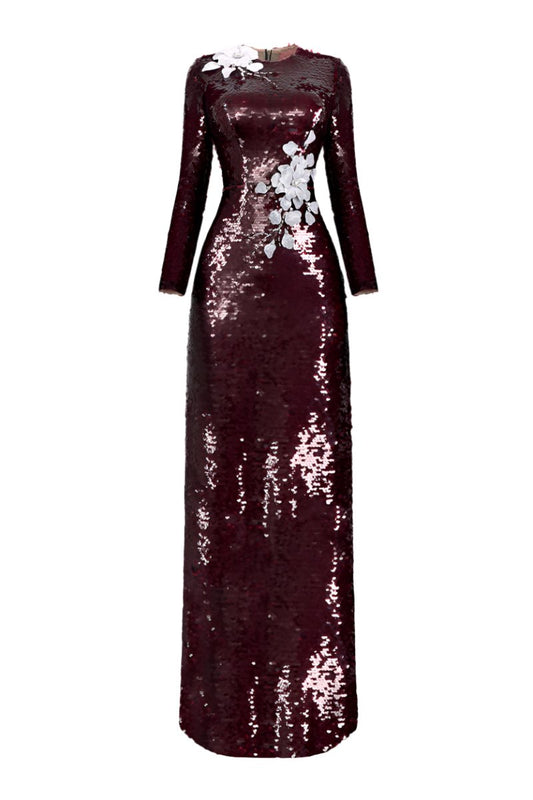 LONG SLEEVE SEQUIN FLOWER LONG DRESS