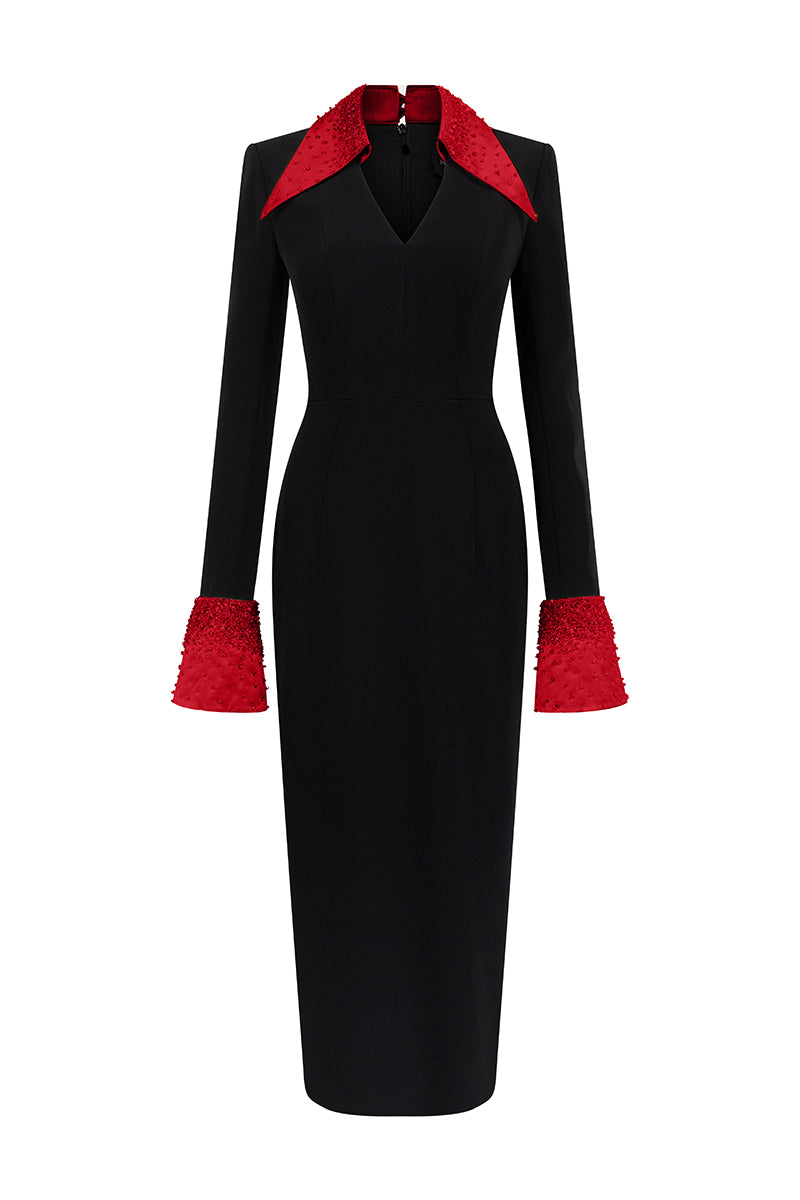 V-NECK FLARED CUFF KNEE LENGTH DRESS IN BLACK AND RED