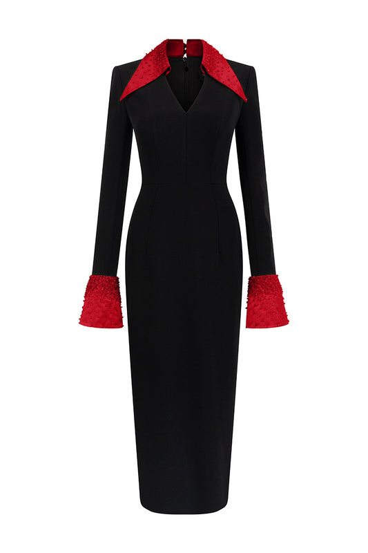 V-NECK FLARED CUFF KNEE LENGTH DRESS IN BLACK AND RED