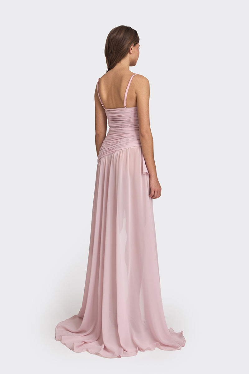 ASYMMETRIC DRAPED CHIFFON MINI DRESS IN DUSTY PINK