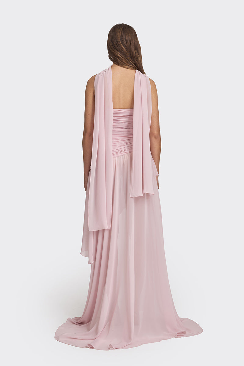 ASYMMETRIC DRAPED CHIFFON MINI DRESS IN DUSTY PINK