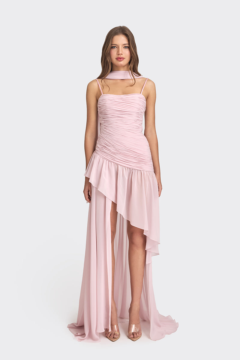 ASYMMETRIC DRAPED CHIFFON MINI DRESS IN DUSTY PINK
