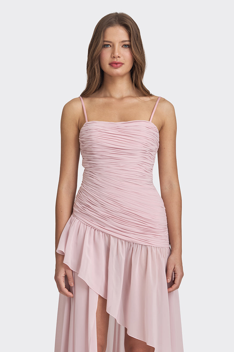 ASYMMETRIC DRAPED CHIFFON MINI DRESS IN DUSTY PINK
