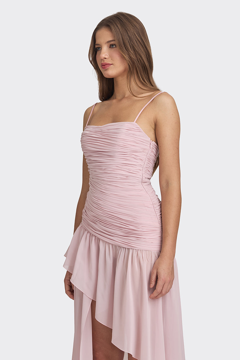 ASYMMETRIC DRAPED CHIFFON MINI DRESS IN DUSTY PINK