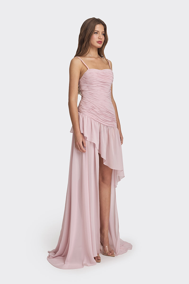 ASYMMETRIC DRAPED CHIFFON MINI DRESS IN DUSTY PINK