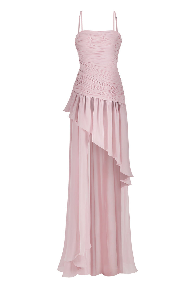 ASYMMETRIC DRAPED CHIFFON MINI DRESS IN DUSTY PINK