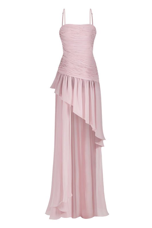 ASYMMETRIC DRAPED CHIFFON MINI DRESS IN DUSTY PINK
