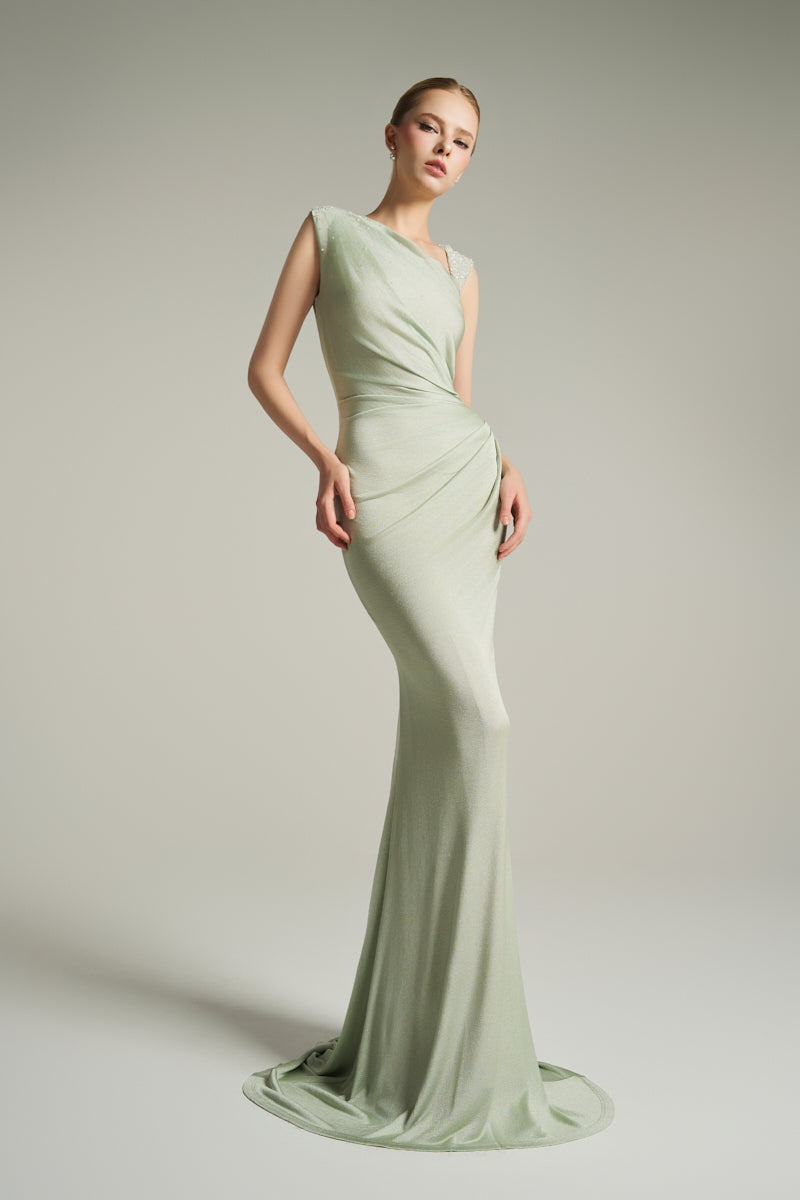 ASYMMETRIC NECKLINE GOWN IN MINT
