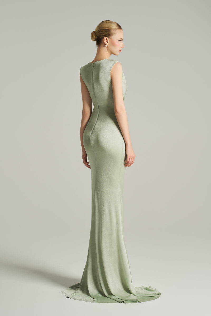 ASYMMETRIC NECKLINE GOWN IN MINT