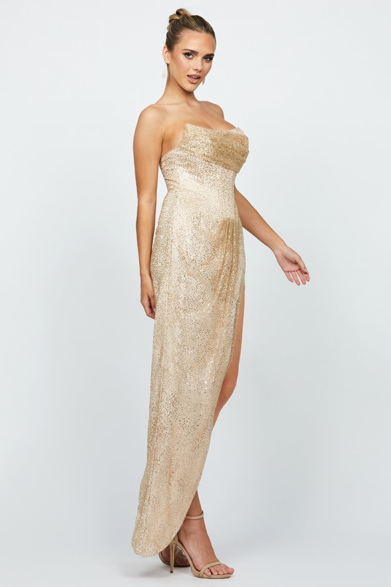 SCARLETTE CORSET CUT AWAY GOWN IN GOLD