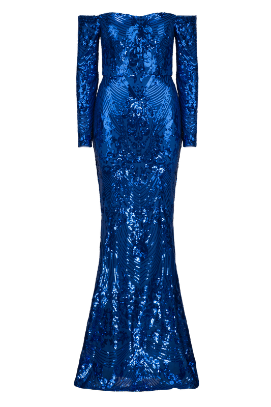 ZOYA LONG SLEEVE SEQUIN GOWN IN COBALT