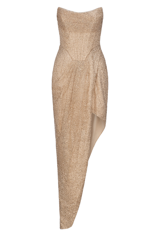 SCARLETTE CORSET CUT AWAY GOWN IN GOLD