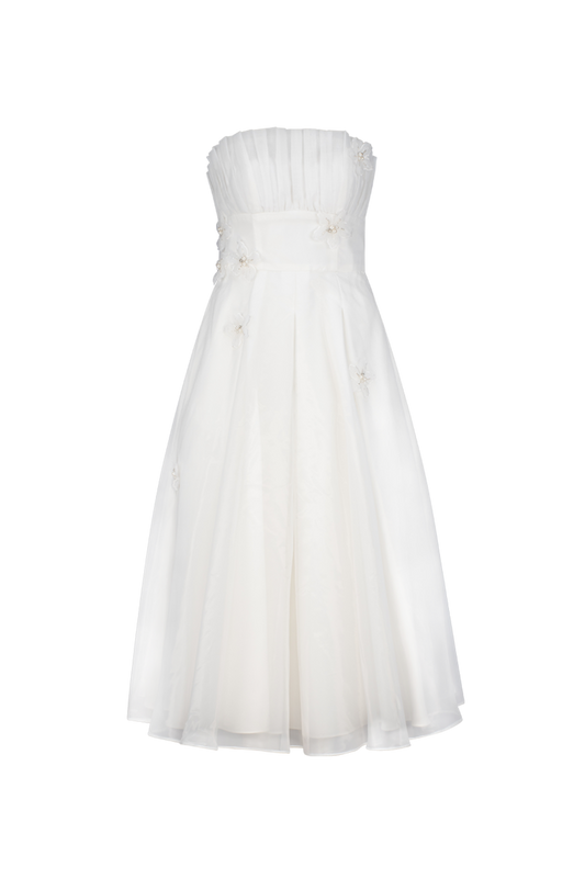 ALAYAH STRAPLESS TEA LENGTH MIDI IN WHITE