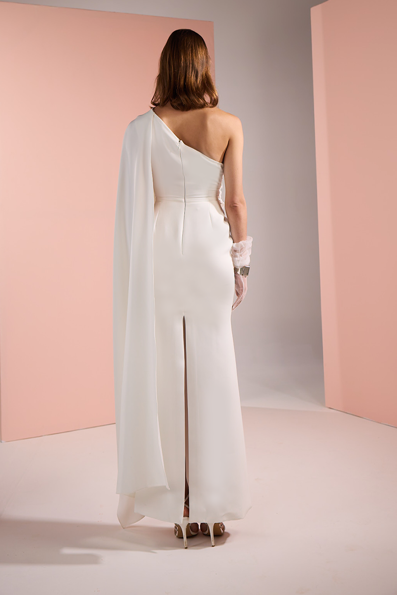 CREPE DRESS WITH SCARF IN WHITE