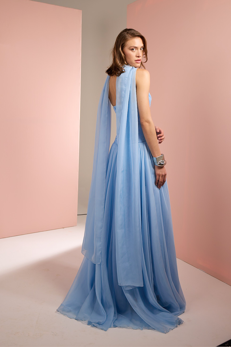 STRAPLESS GOWN WITH SCARF IN BABY BLUE
