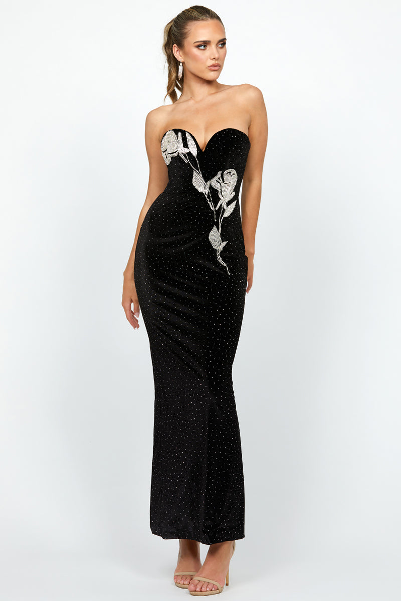 LAINEY STRAPLESS EMBELLISHED MAXI IN BLACK