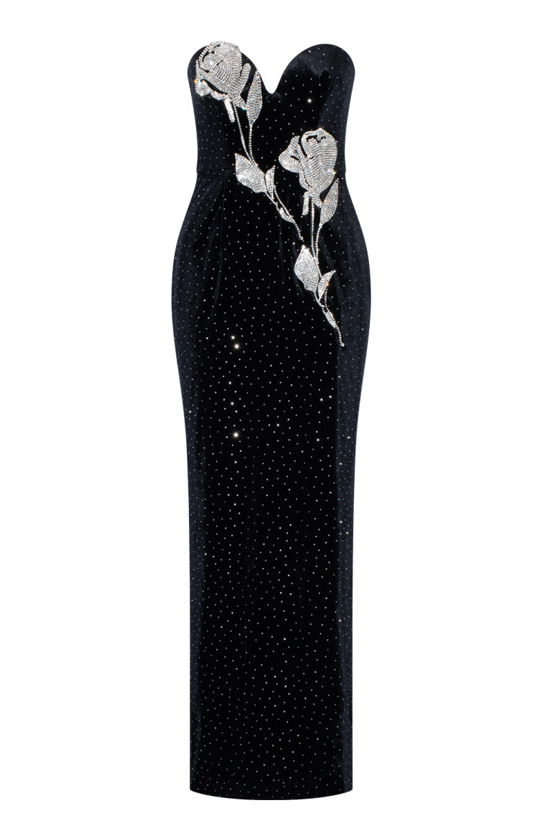 LAINEY STRAPLESS EMBELLISHED MAXI IN BLACK