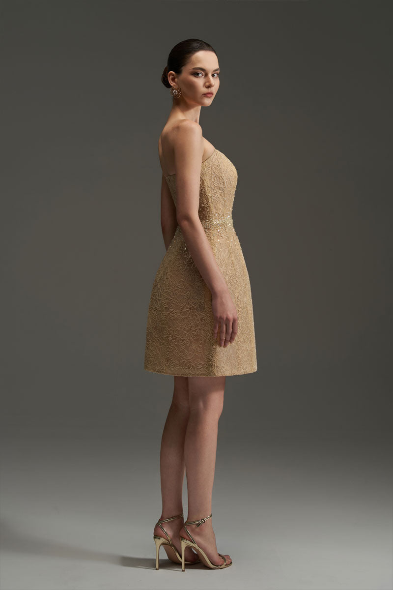FLORAL MESH LACE DRESS IN GOLD