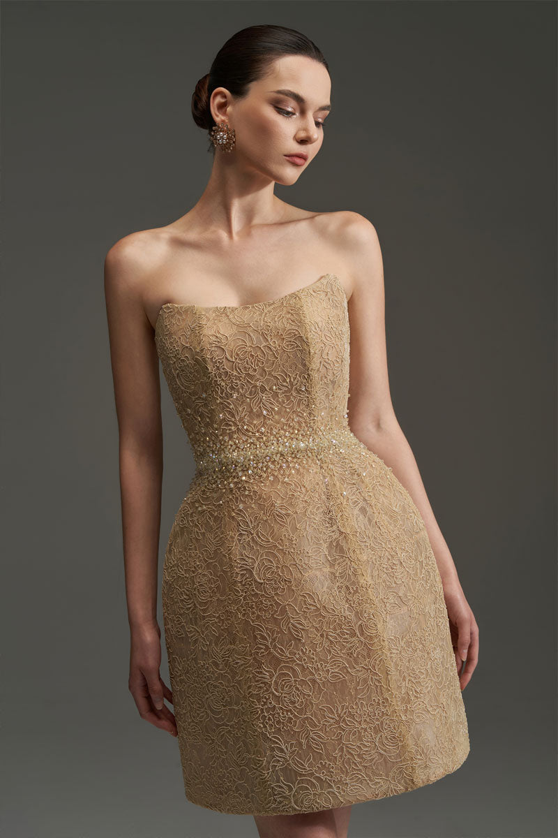FLORAL MESH LACE DRESS IN GOLD