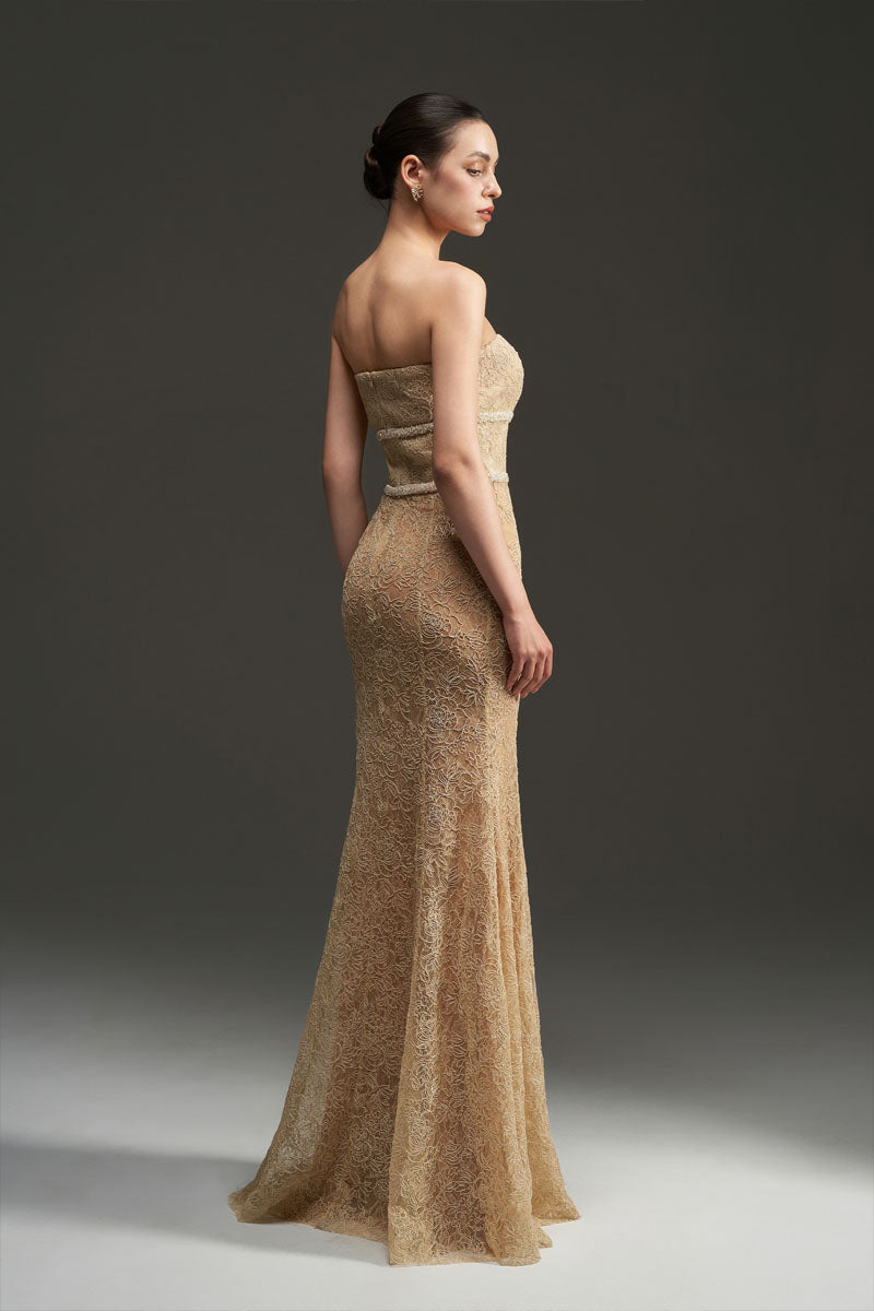 FLORAL MESH LACE AND CHIFFON DRESS IN GOLD