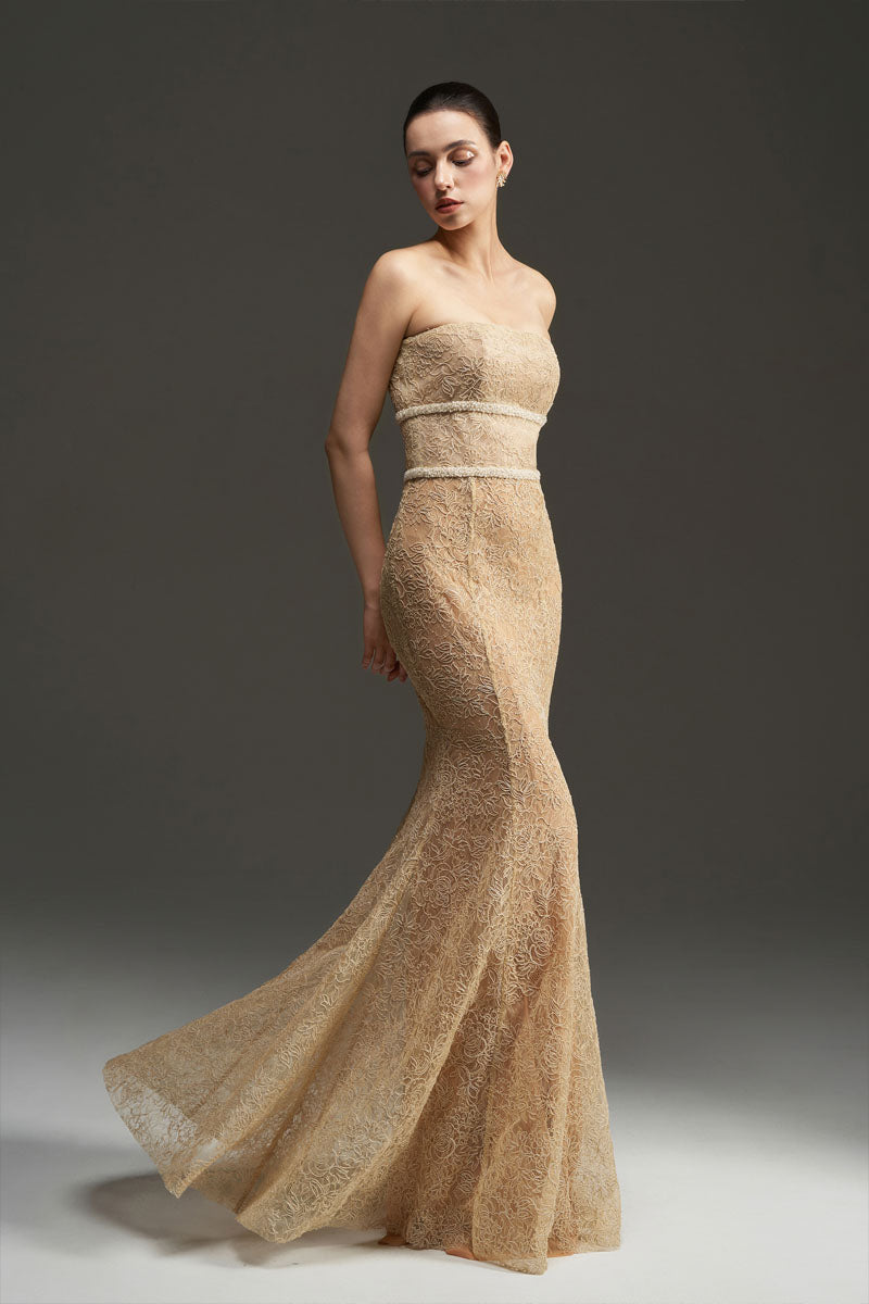 FLORAL MESH LACE AND CHIFFON DRESS IN GOLD