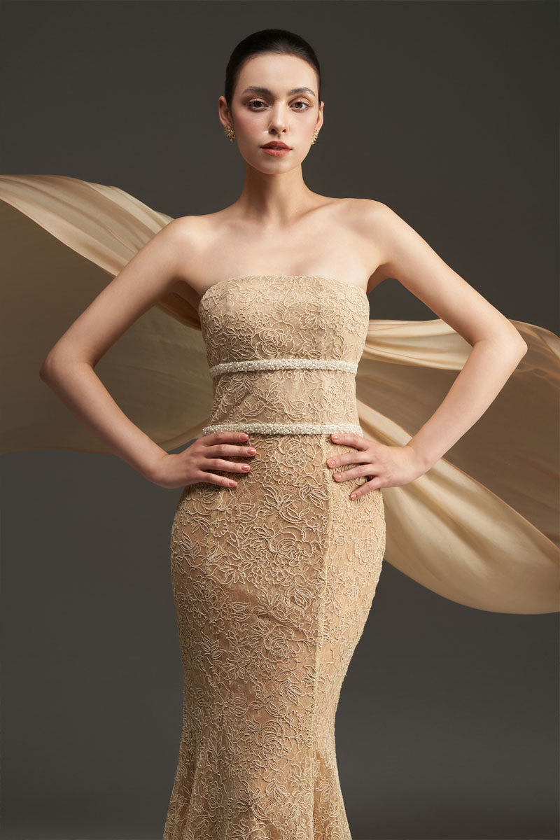 FLORAL MESH LACE AND CHIFFON DRESS IN GOLD