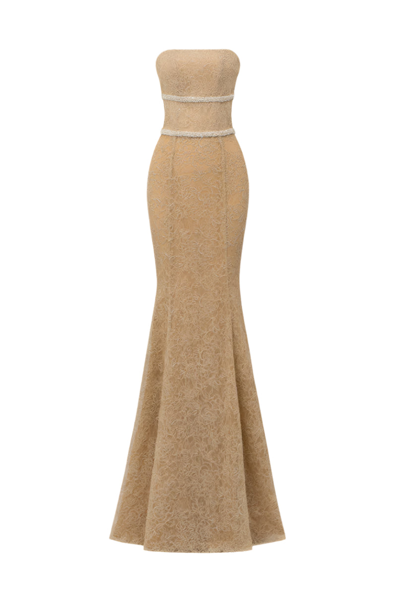 FLORAL MESH LACE AND CHIFFON DRESS IN GOLD