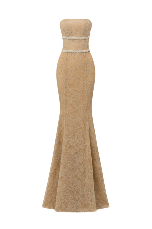 FLORAL MESH LACE AND CHIFFON DRESS IN GOLD