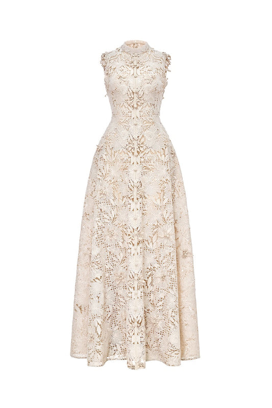 BEIGE FLOWER BEADED MAXI DRESS