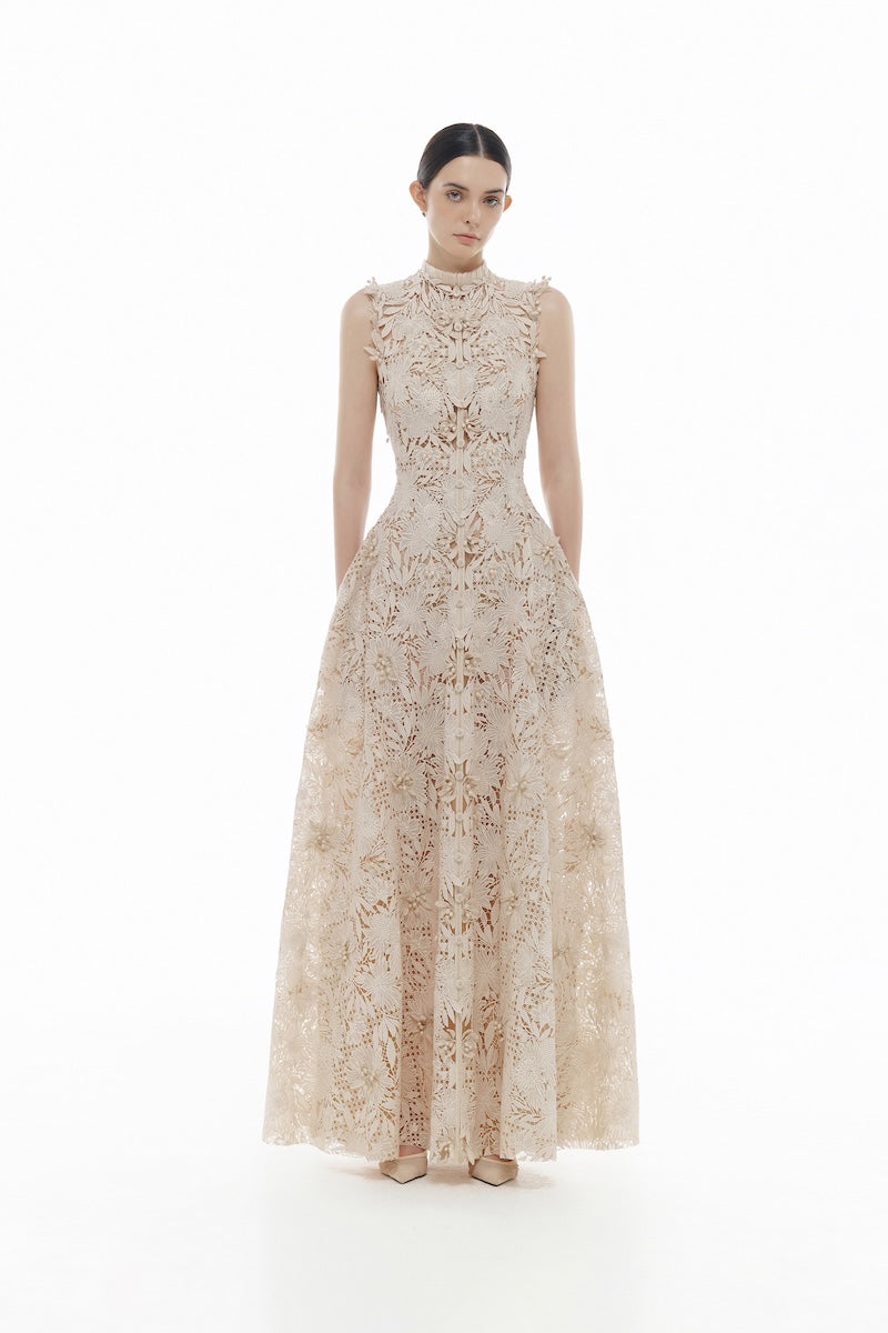 BEIGE FLOWER BEADED MAXI DRESS