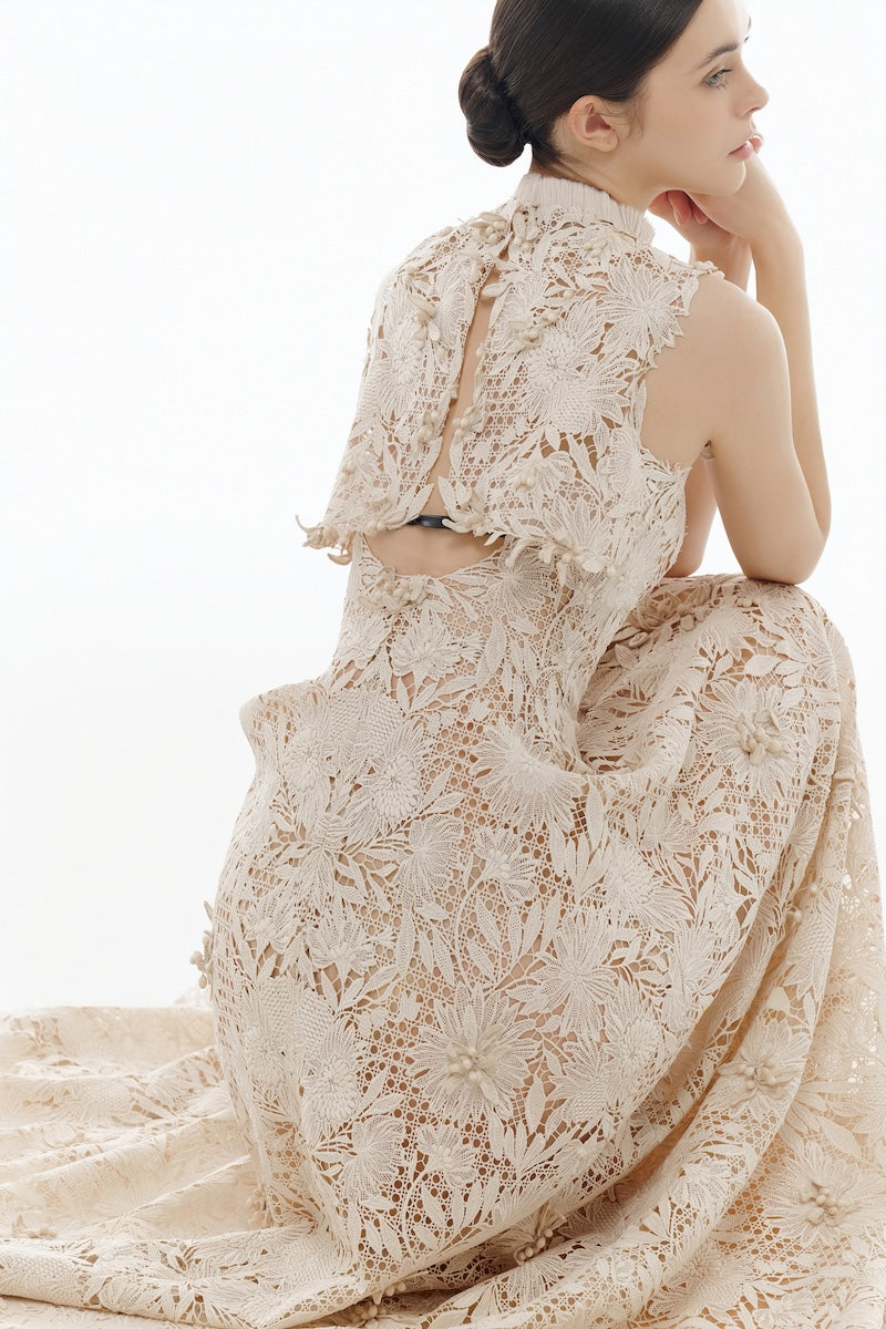 BEIGE FLOWER BEADED MAXI DRESS