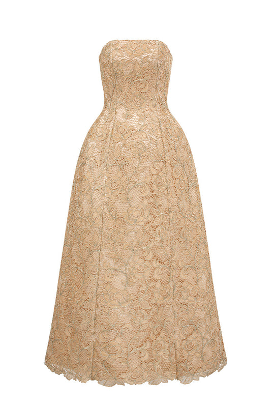 BUSTIER LACE MAXI DRESS IN BEIGE