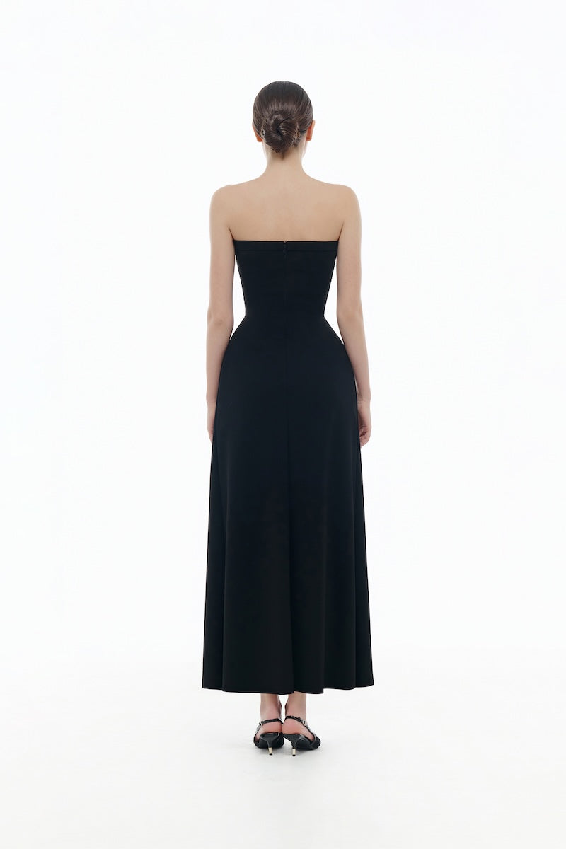 BLACK BOW RUCHED MIDI DRESS