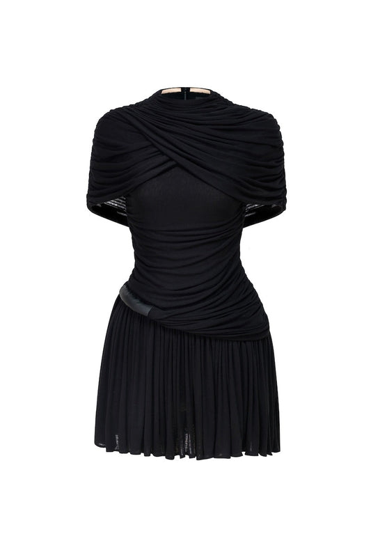 BLACK DRAPED CAPE MINI DRESS