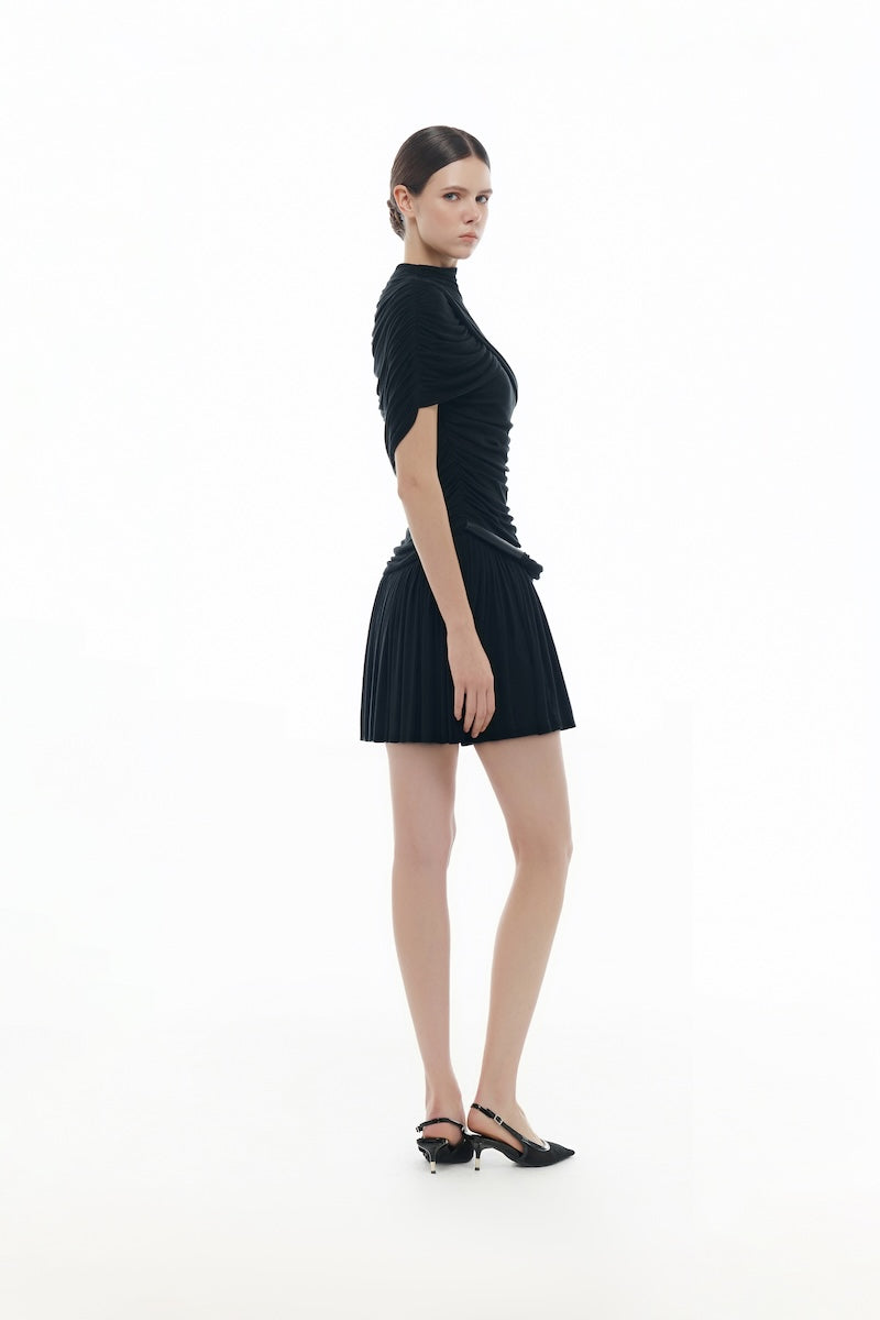 BLACK DRAPED CAPE MINI DRESS
