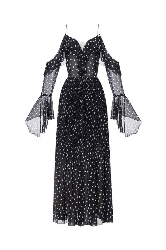 BLACK OFF-SHOULDER FLOWING DRESS