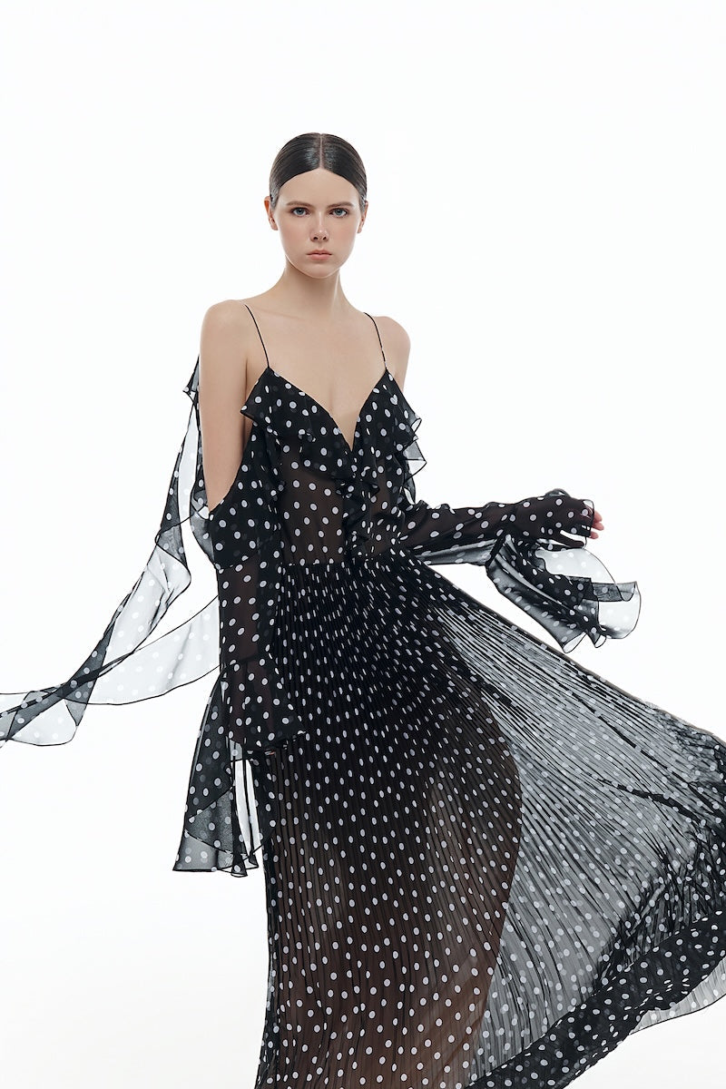 BLACK OFF-SHOULDER FLOWING DRESS