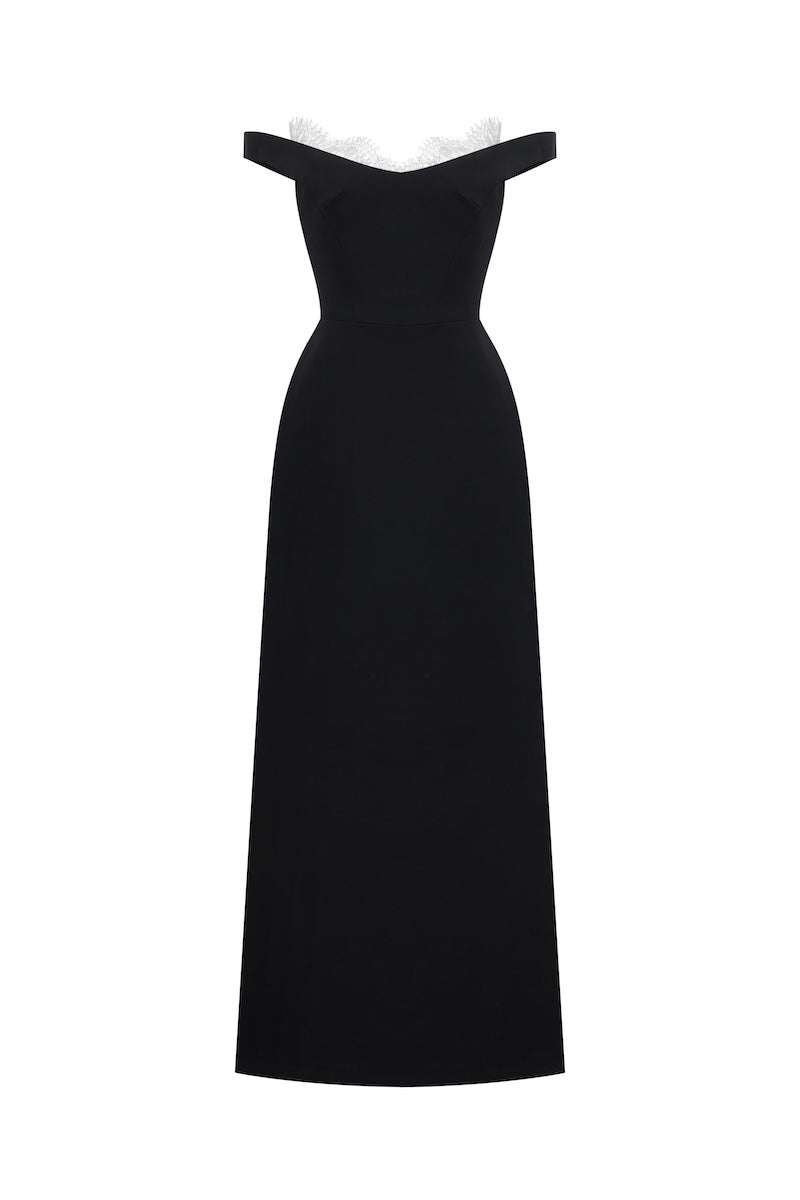 BLACK OFF SHOULDER LACE DETAIL MIDI DRESS